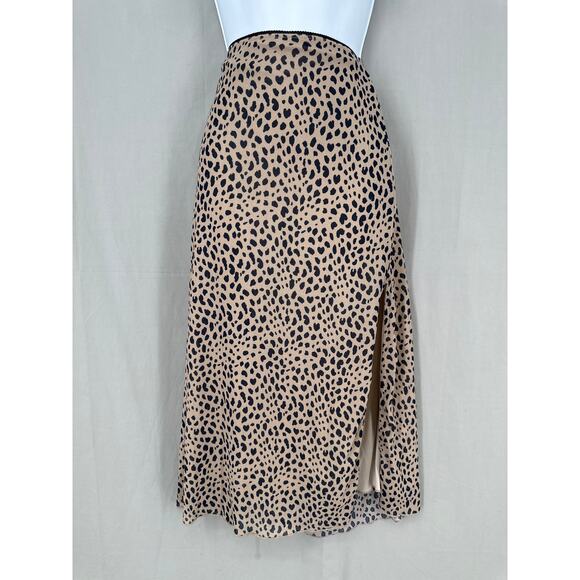 Kirious Skirt Womens Large Beige Cheetah Animal Print Midi Stretch Slit Black - Picture 1 of 6